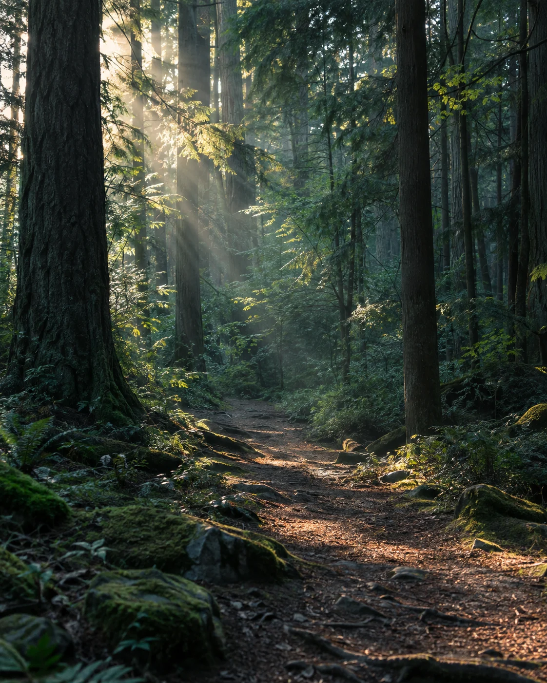 Sunlight filtering through a quiet forest